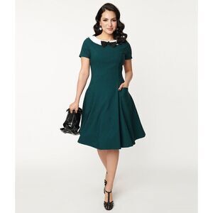 NWT Unique Vintage Black Green Gingham Eloise Swing Retro Dress Size L 10/12